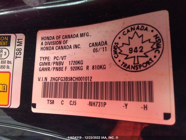 Honda Civic Lx 2012 2HGFG3B58CH001012 Image 9