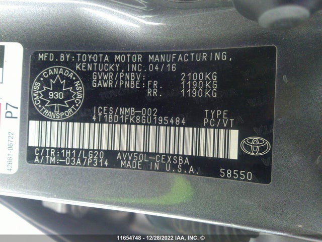 Toyota CAMRY 2016 4T1BD1FK8GU195484 Image 10