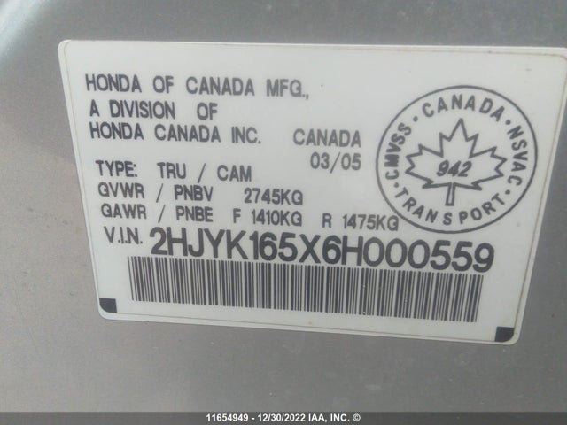 Honda Ridgeline Rtl 2006 2HJYK165X6H000559 Image 10