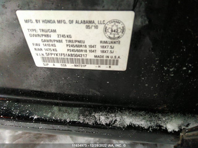 Honda Ridgeline Rtl 2010 5FPYK1F51AB504217 Image 10