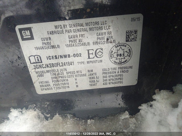 Chevrolet TRAX LS 2015 3GNCJKSB0FL241841 Image 9