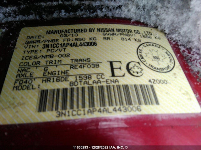 Aukcja sprzedaży 2010 Nissan Versa S/sl, vin: 3N1CC1AP4AL443006, numer aukcji: 11655293