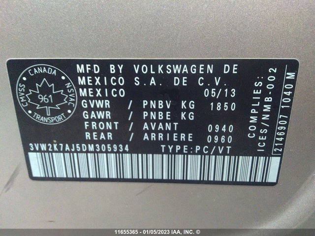 2013 Volkswagen Jetta მანქანა იყიდება აუქციონზე, vin: 3VW2K7AJ5DM305934, აუქციონის ნომერი: 11655365