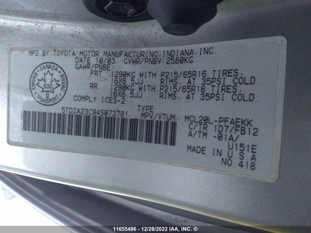 Продажа на аукционе авто 2004 Toyota Sienna Ce/le, vin: 5TDZA23C94S073781, номер лота: 11655486