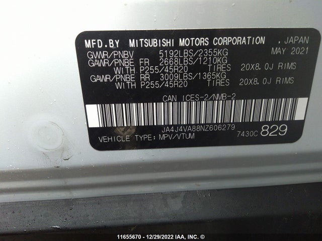 JA4J4VA88NZ606279 Mitsubishi Outlander