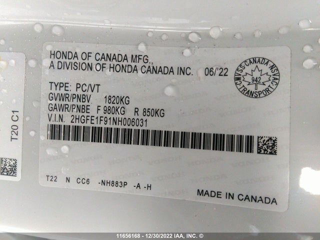 Honda Civic Touring 2022 2HGFE1F91NH006031 Image 11