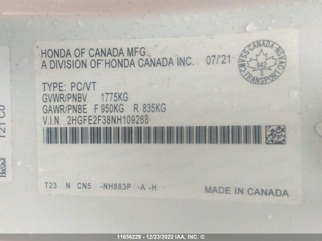 Honda CIVIC EX 2022 2HGFE2F38NH109268 Image 10