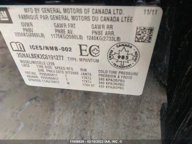 Chevrolet EQUINOX LS 2012 2GNALBEK2C6191277 Image 10