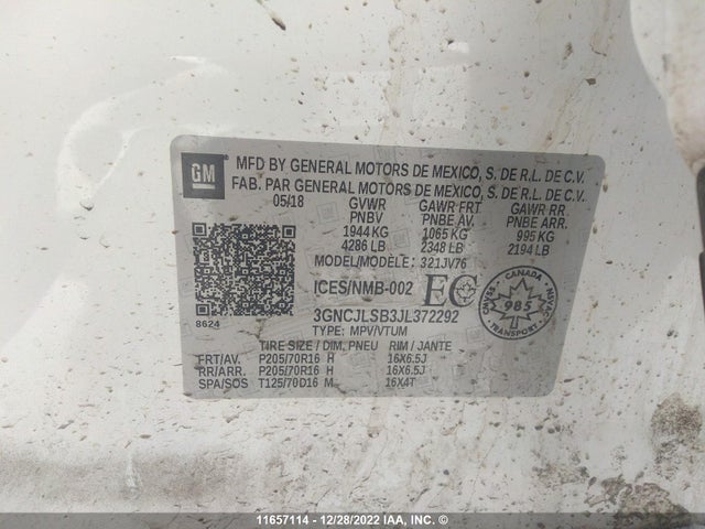 Chevrolet TRAX 1LT 2018 3GNCJLSB3JL372292 Image 9