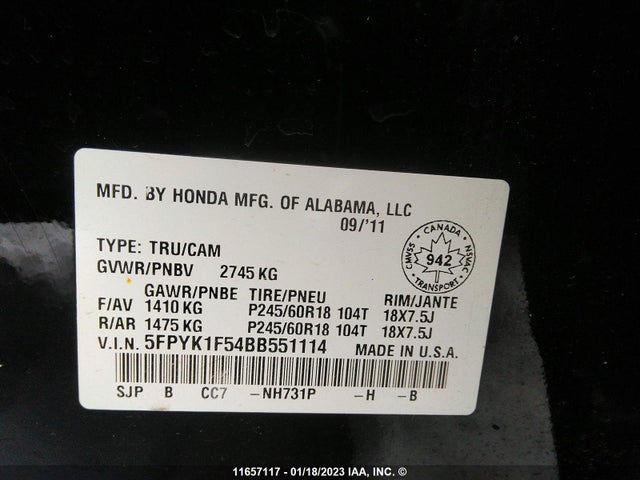 Honda Ridgeline 2011 5FPYK1F54BB551114 Image 10