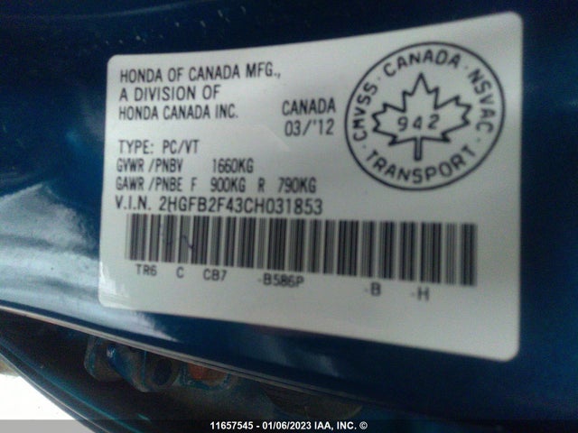 Honda Civic 2012 2HGFB2F43CH031853 Image 11