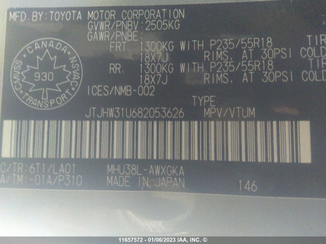JTJHW31U682053626 Lexus RX 400H