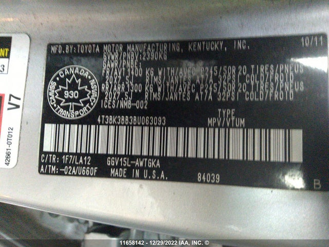 Toyota Venza V6 2011 4T3BK3BB3BU063093 Image 10