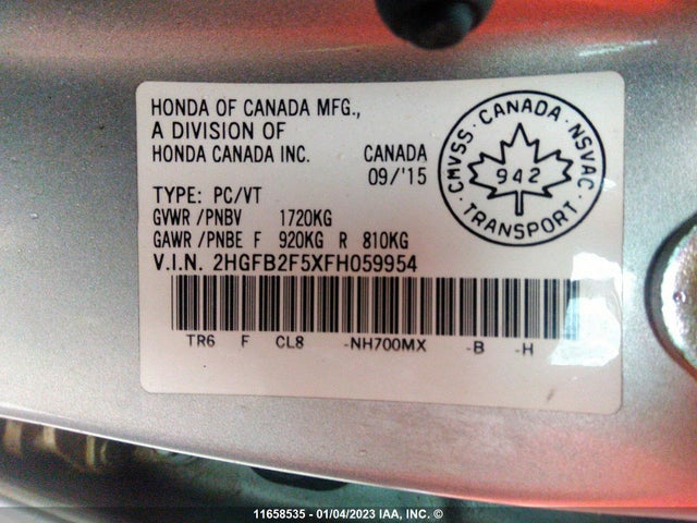 Honda Civic Lx 2015 2HGFB2F5XFH059954 Image 9