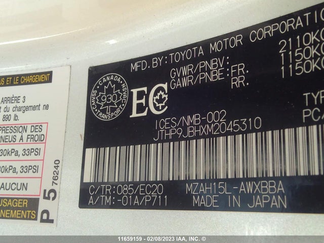 JTHP9JBHXM2045310 Lexus UX 250H