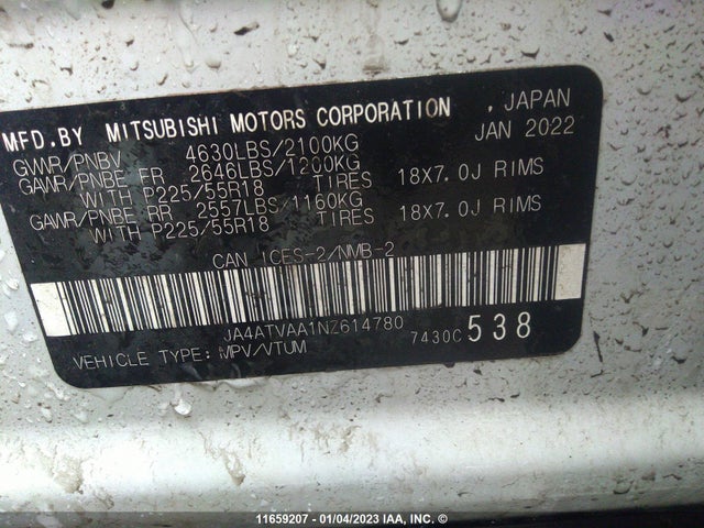 JA4ATVAA1NZ614780 Mitsubishi Eclipse Cross Le