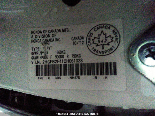 Honda Civic Lx 2012 2HGFB2F41CH061028 Image 10