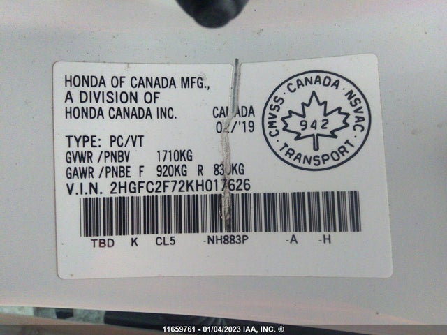 Honda CIVIC EX 2019 2HGFC2F72KH017626 Image 9
