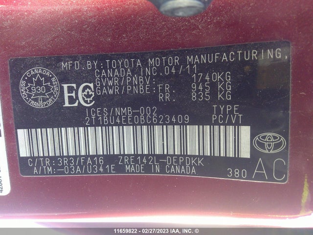 Toyota Corolla S/le 2011 2T1BU4EE0BC623409 Image 10