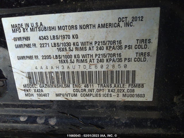 4A4AH3AU7DE602850 Mitsubishi RVR SE