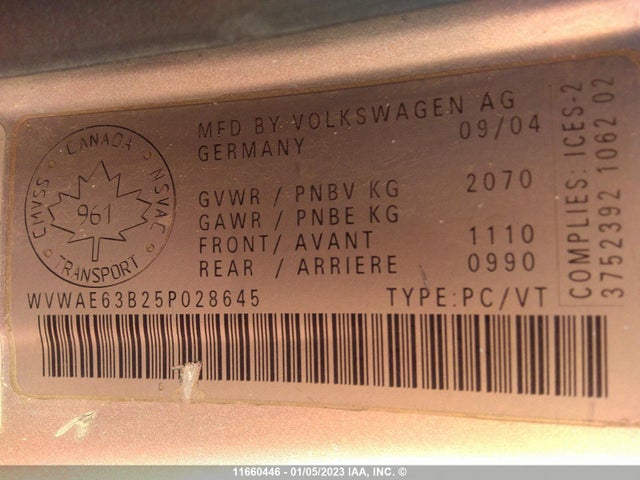 Продаж на аукціоні авто 2005 Volkswagen Passat Gls Tdi, vin: WVWAE63B25P028645, номер лоту: 11660446