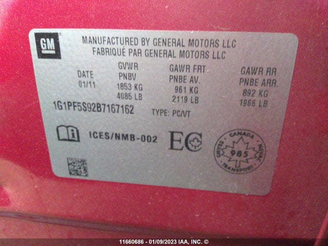 Chevrolet Cruze 2011 1G1PF5S92B7167162 Image 10
