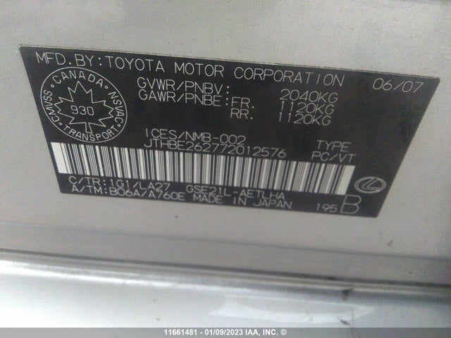 JTHBE262772012576 Lexus IS 350