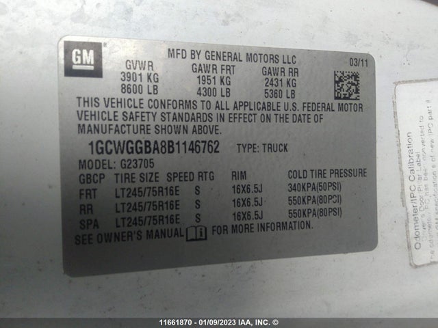 Chevrolet Express G2500 2011 1GCWGGBA8B1146762 Image 10