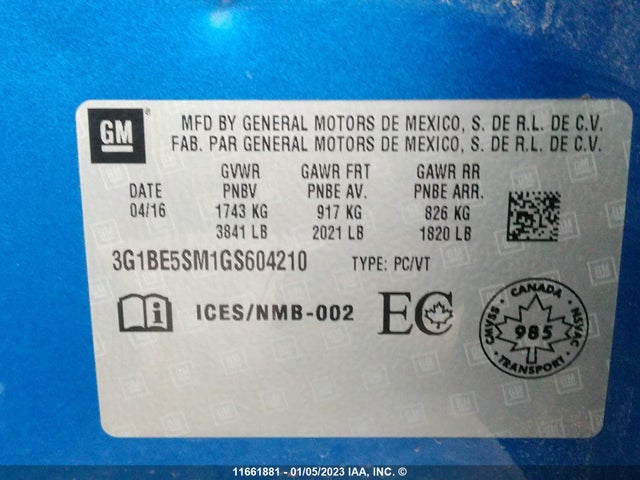 Chevrolet CRUZE LT 2016 3G1BE5SM1GS604210 Image 9