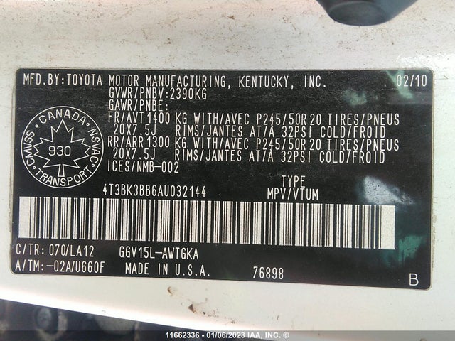 Toyota Venza 2010 4T3BK3BB6AU032144 Image 10