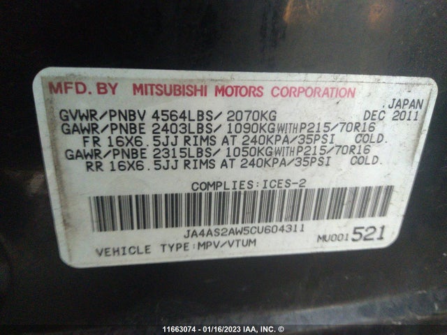 JA4AS2AW5CU604311 Mitsubishi Outlander Es