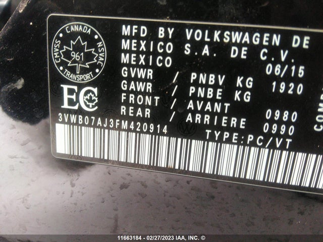 3VWB07AJ3FM420914 Volkswagen JETTA SE
