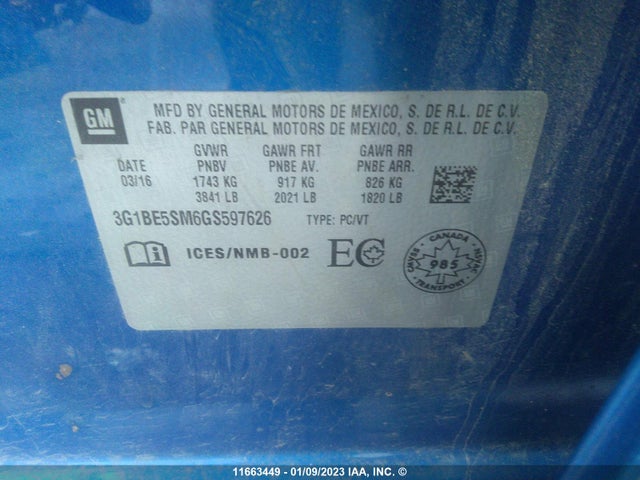 Chevrolet CRUZE LT 2016 3G1BE5SM6GS597626 Image 9