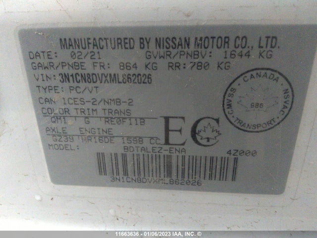 11663636 :رقم المزاد ، 3N1CN8DVXML862026 vin ، 2021 Nissan Versa S مزاد بيع