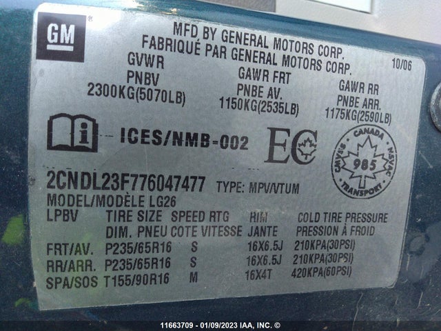 Chevrolet EQUINOX LS 2007 2CNDL23F776047477 Image 10