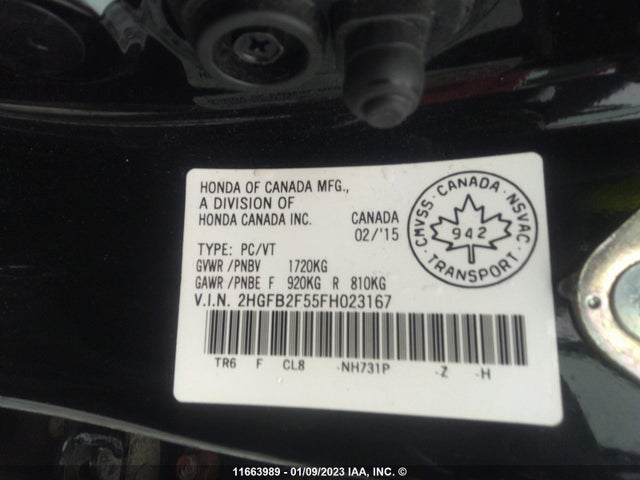 2015 Honda Civic Lx მანქანა იყიდება აუქციონზე, vin: 2HGFB2F55FH023167, აუქციონის ნომერი: 11663989