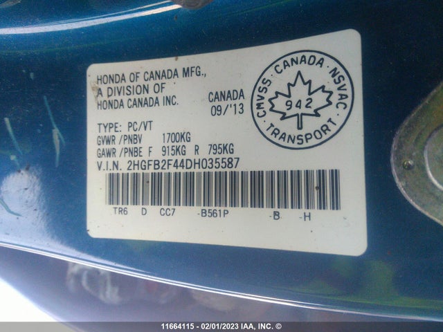 Honda Civic 2013 2HGFB2F44DH035587 Image 10