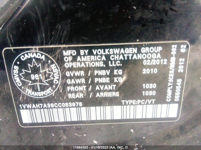 Volkswagen PASSAT S 2012 1VWAH7A38CC053978 Image 10