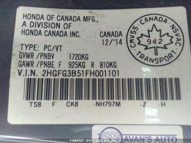 Honda Civic Lx 2015 2HGFG3B51FH001101 Image 10