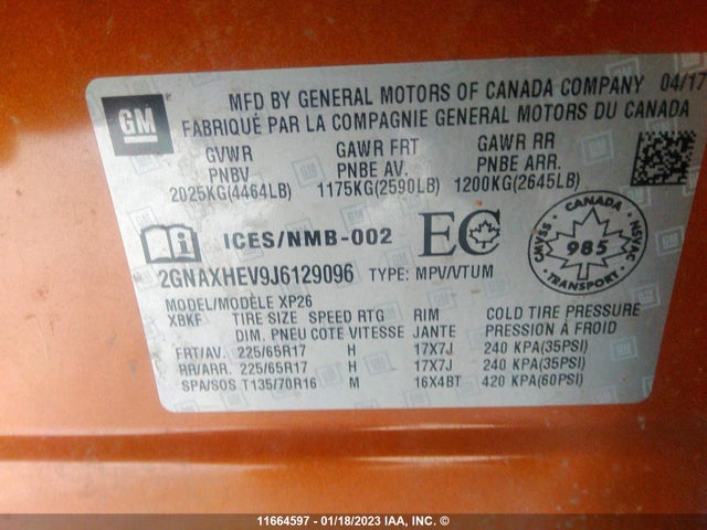 Chevrolet EQUINOX 2018 2GNAXHEV9J6129096 Image 9
