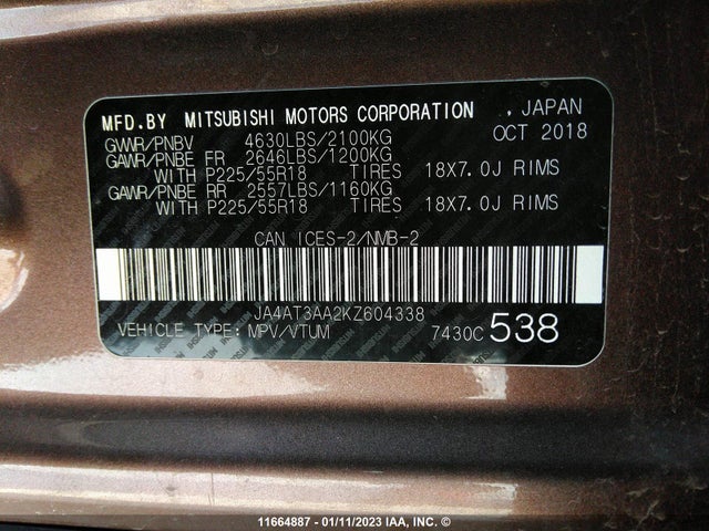 JA4AT3AA2KZ604338 Mitsubishi Eclipse Cross Es