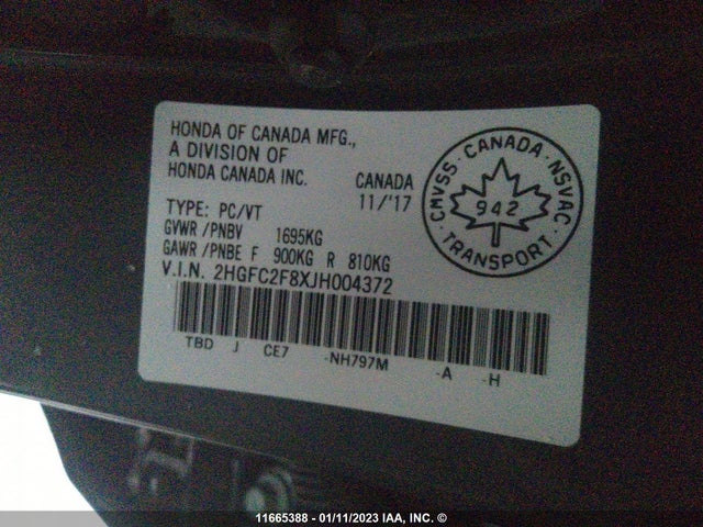 Honda CIVIC EX 2018 2HGFC2F8XJH004372 Image 10