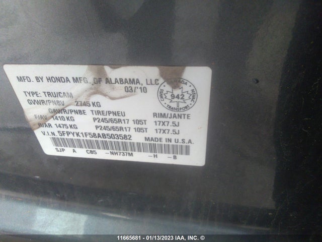 Honda Ridgeline Rtl 2010 5FPYK1F58AB503582 Image 10