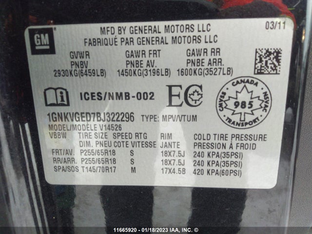 Chevrolet Traverse Lt 2011 1GNKVGED7BJ322296 Image 10
