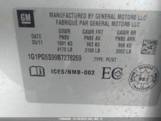 Chevrolet Cruze 2011 1G1PG5S99B7278269 Image 10