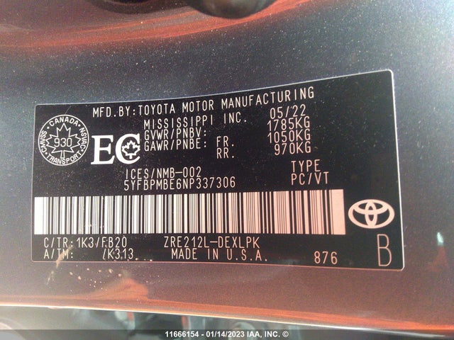Toyota COROLLA LE 2022 5YFBPMBE6NP337306 Image 10