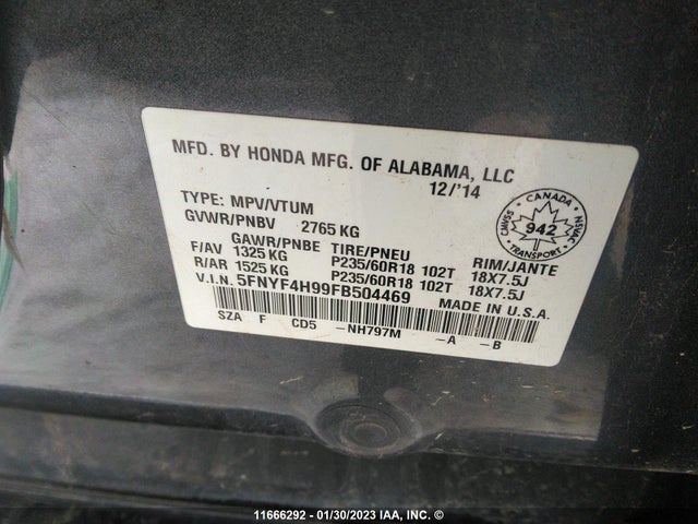 Honda Pilot Touring 2015 5FNYF4H99FB504469 Image 10