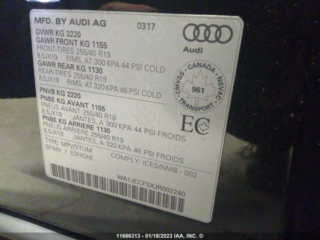 WA1JCCFSXJR002240 Audi Q3 Premium Plus