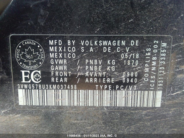3VWG57BU3KM037498 Volkswagen Jetta Sel Premium
