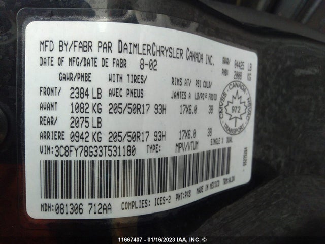 3C8FY78G33T531180 Chrysler Pt Cruiser Gt